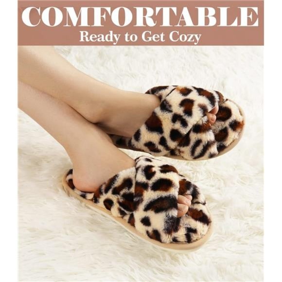 Women's Fuzzy Memory Foam Slippers Cross Band Cozy Open Toe Slide Slipper - Picture 2 of 7